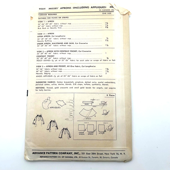 Advance Vintage 1950's Pattern #9564 Half Aprons One Size - Picture 7 of 7